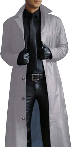 Men's Trench Coat, Solid Color Pu Leather Full Length Windbreaker Gothic Faux Leather Steampunk Overcoat Casual Outwear Lapel Windproof Motorcycle Button Up Long Trench Coat for Winter