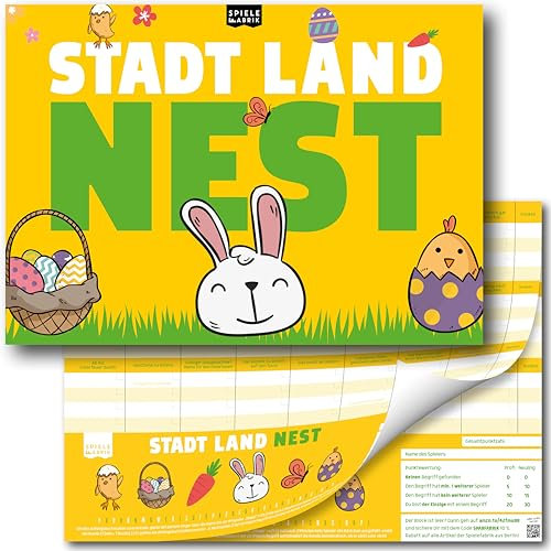 Stadt Land Fluss Ostern Geschenk Nest Lustiges Familienspiel Quiz Hase Der Spielblock A4 mit 24 Oster-Kategorien als Ostergeschenk für Kinder, Teenager und Erwachsene | 50 Blatt