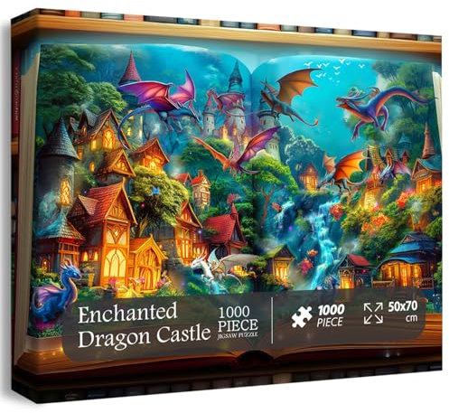 Drachen Puzzle für Erwachsene 1000 Teile, Magische Bibliothek Buch Puzzles Natur Wald Tier, Fantasy Dinosaurier Puzzle, Unmögliche Schwierige Harte Herausforderung für Erwachsene
