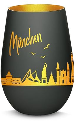 Gravur-Max Windlicht mit 360° Gravur Skyline München Deko Glaslicht als tolles Geschenk mit Einer hochwertigen Lasergravur zu jedem Anlass in der Farbe Schwarz/Gold