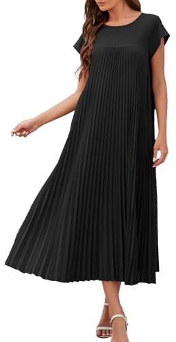 Adigaber Women's Long Dress Summer Pleated Casual Round Neck Solide Dress with Pockets Black