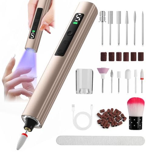 PUGTOW Cordless Electric Nail Drill & UV LED Light Kit – Rechargeable Manicure Pedicure Set with 7+ Bits, Portable Design for Gel, Acrylic, Dip Nails – Home & Salon Use (Gold)