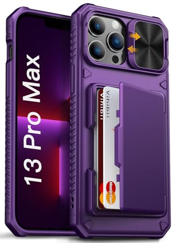 Vihibii for iPhone 13 Pro Max/iPhone 12 Pro Max Wallet Case, Built-in Card Holder (4 Cards), [RFID Blocking] & Slide Camera Cover, Military Grade Drop Protection, Rugged Hard Phone Case, Dark Purple