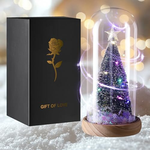JUSTOYOU Birthday Gifts for Women,Mothers,Wife Gifts,Colorful Artificial Flower Gift for Women,Forever Flower in Glass Dome,Glass Tree Gift for Birthday,Mothers Day,Christmas Decoration(Christma tree)