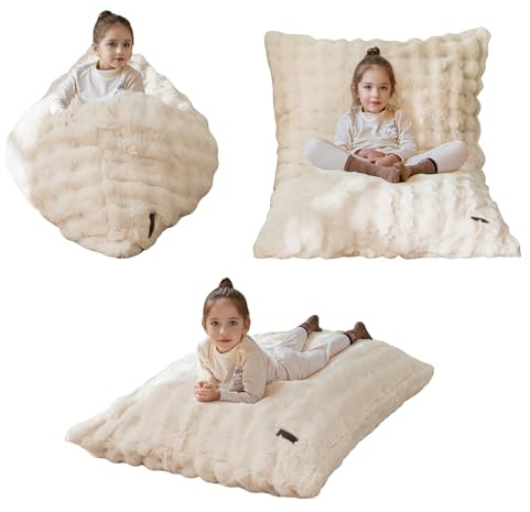 MAXYOYO 3 in 1 Kids Bean Bag Chair Bed, Child Floor Sofa for Gaming, Reading, Convertible Bean Bag Floor Cushion with Machine Washable Cover for Living Room Bedroom, Beige