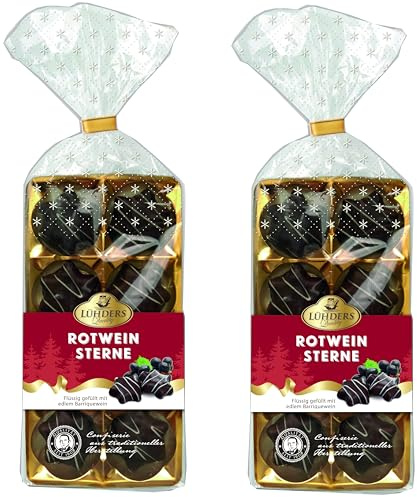 Lühders Rotwein Sterne – 2 x 100g – Feinste Bitterschokolade gefüllt mit gereiftem Rotwein