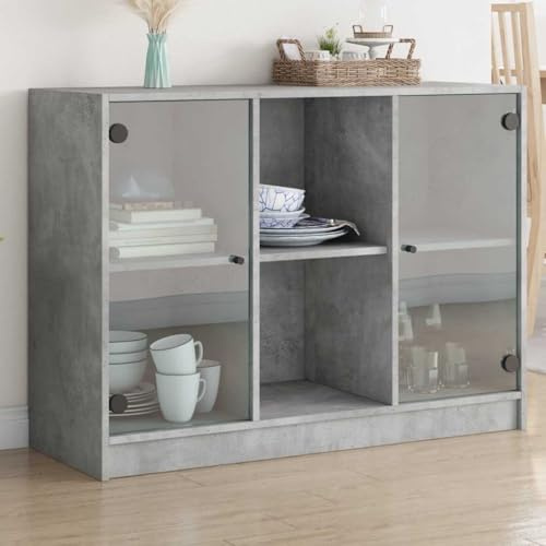 WRJENFSC Sideboard Betongrau 102x37x75,5 cm aus Holzwerkstoff und Glas mit 6 Fächern Modernes Lowboard für Bücher Aufbewahrung im Wohnzimmer Flur oder Schlafzimmer
