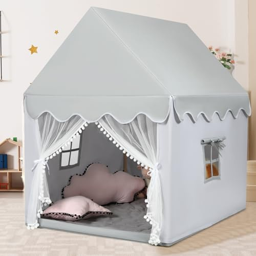 COSTWAY Kids Play Tent, Wood Frame Large Playhouse with Washable Mat and Windows, Indoor Outdoor Castle Fairy Tents for Boys Girls (Grey)