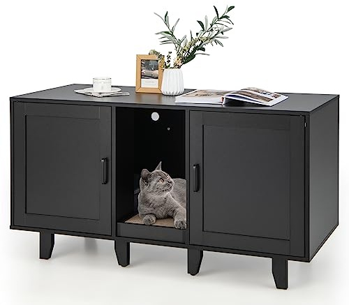 GOPLUS 3 in 1 Katzenschrank, Katzentoilette mit 2 Türen & abnehmbaren Beinen & herausnehmbarem Kratzbrett, Katzenhöhle Beistelltisch TV-Ständer für 2 Katzen, 120x52x65cm (Braun) (Schwarz)