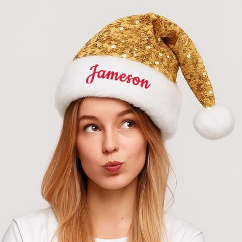 Fegiuly Personalisierte Weihnachtsmütze mit Glitzer-Pailletten, bestickte Weihnachtsmütze für Erwachsene, Unisex, Neujahr und Weihnachten