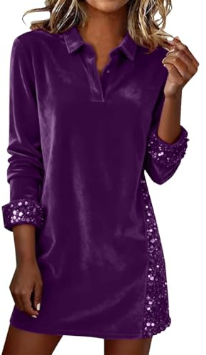 Lggwunsi Vestito Capodanno Donna - Abito da Donna A Maniche Lunghe, con Paillette, Patchwork in Velluto, Elegante, Tinta Unita, con Risvolto, per Feste di Capodanno