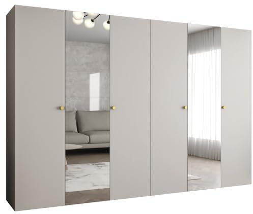 MEBLE KRYSPOL - Kleiderschrank - Garderobenschrank - 300 cm x 202 x 52 cm - Schrank mit Kleiderstange und Spiegel, 6 Türen - für Schlafzimmer, Flur - Parma, Kaschmir, Griff Gold