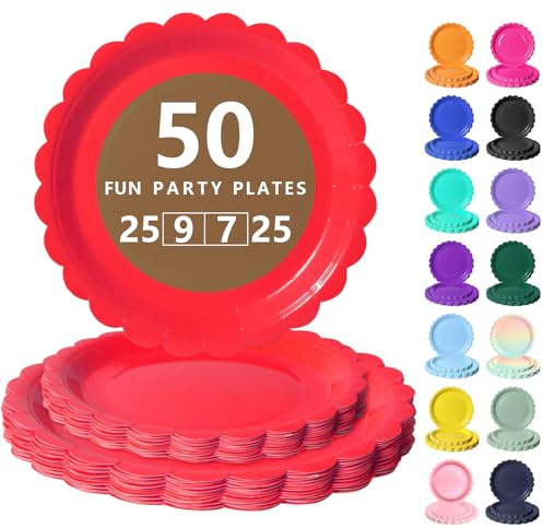 Nkaiso 50 Pcs Red Disposable Party Paper Plates Set | 25x9inch & 25x38inch Scalloped Party Plates Elegant Disposable Tableware for Birthday, Wedding, BBQ Party Supplies