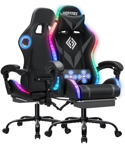 HOFFREE Sedia da gaming con LED RGB e altoparlanti Bluetooth, ergonomica, per PC, con funzione massaggiante e poggiapiedi, regolabile a 135°, per adulti, grigio e nero