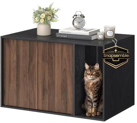 SONGMICS Home Katzenklo-Schrank, Toolless-Technologie, superschnelle werkzeuglose Montage, Katzenhaus für große Katzen, Push-to-Open, Beistelltisch, ebenholzschwarz-dunkelwalnussfarben PCL013BK01