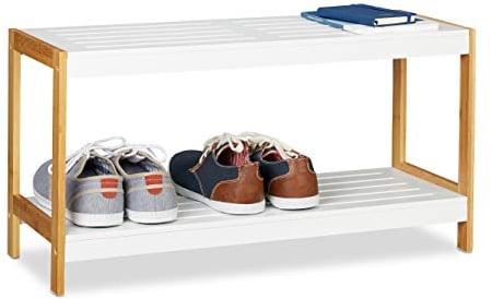 Relaxdays Schuhregal, 2 Ablagen, robuste Schuhaufbewahrung, Bambus & MDF, Schuhablage HBT 36,5 x 70 x 26cm, weiß/Natur