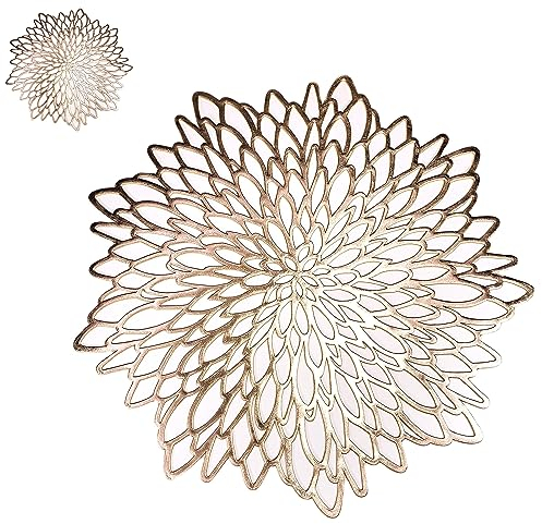 Snowkingdom Set of 12 Gold Metallic Placemats Laminated Vinyl Round Leaf Dinning Table Place Mats Bulk Decorative Thanksgiving Christmas Party Wedding Holiday Festival