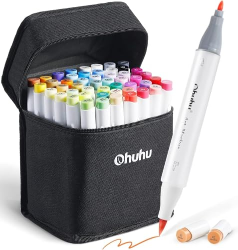 Ohuhu 48 Colours Alcohol Brush Markers, Double Tipped (Brush & Fine Tip) Sketch Markers, Artist Art Markers for Adult Coloring and Illustration, Bonus 1 Blender