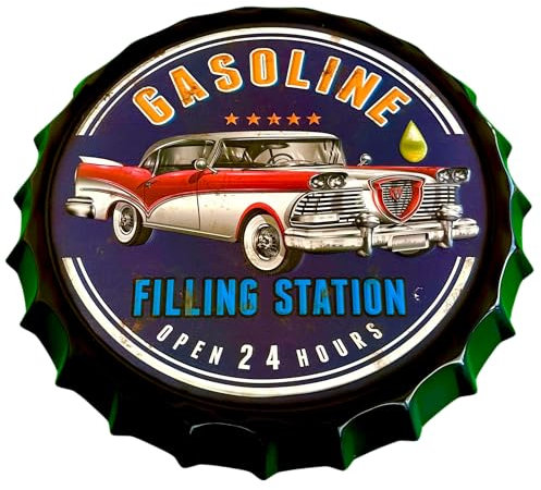 Cartel de Chapa Tapón de Botella Classic Cars decoración Vintage Americano de Metal 42x42 cm (Gasoline Filling Station Garage)