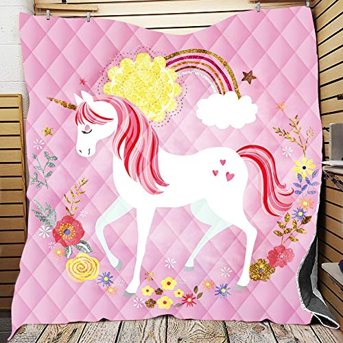 FANSU Couvre Lit Matelassé Dessus de Lit Couverture Climatisation Couette Parure de Lit Canapé l'Air Conditionné Imprimé Courtepointe pour Enfants et Adultes (Licorne Rose,150x200cm)