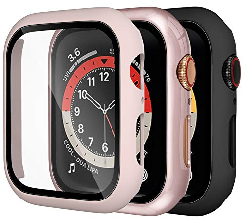 Dirrelo 3 Pack PC Case Compatible with Apple Watch Series 6/5/4/SE 40mm Tempered Glass Screen Protector, Full Cover Thin All-Around HD Protective Bumper Case for iwatch 6/5/4, Pink/Rose gold/Black
