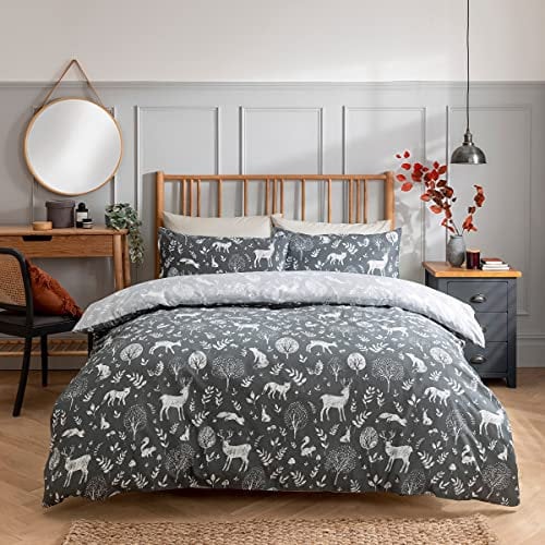 Sleepdown Woodland Animals Charcoal Grey White Reversible Duvet Cover Quilt and Pillow Cases Bedding Set Easy Care - King (230cm x 220cm), 5056242832386