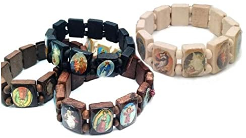 PiniceCore 4 Stück Hölzerne Rosenkranz Jesus Armband Elastic Stretch Bangle Bildern Von Religiösen Heiligen Katholische Heilige Götter Göttin Gebet Manifestation Armband