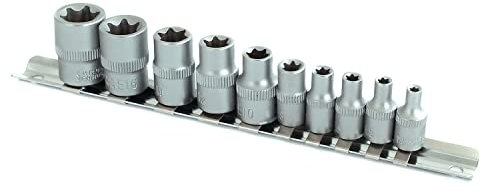 10 Piece Chrome Vanadium Female TRX Star Torx Socket Set with Storage Rail | 1/4 & 3/8 Dr. E4-E18 CRV Sockets
