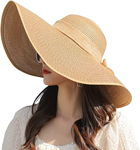 ericotry Chapeau de paille d'été pour femme, kaki, 50+, protection solaire, bord large, pliable, tendance, plage, jardin, voyage, kaki, taille unique