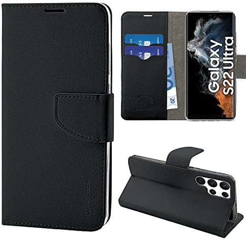 N NEWTOP Cover Compatibile con Samsung Galaxy S22 Ultra, HQ Lateral Custodia Libro Flip Chiusura Magnetica Portafoglio Simil Pelle Stand (Nero)