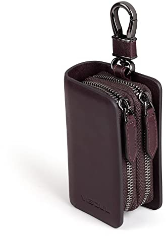 VISOUL Echt Leder Autoschlüssel Abdeckung Schlüsseltasche Auto Schlüssel Anhänger Antik Vintage Doppelter Reißverschluss Karabienerhacken Tasche Kaffee E01