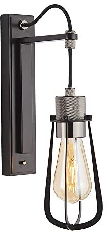 Matt Black Industrial Wall Light - Black Chrome KnurLED Detailing Lamp Holder | Steel Construction - Bulb Not Included - Requires 6W LED E27 Warm White - 420 Lumens - Dimmable Lighting