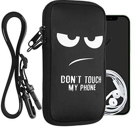 kwmobile Handytasche für Smartphones XL - 6,7/6,8 - Neopren Handy Hülle Weiß Schwarz - Handy Tasche mit Kette 17,2 x 8,4 cm Innenmaße - Don't Touch My Phone