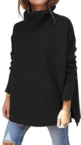 Rayson Maglione da Donna a Collo Alto Pullover in Maglia Casual Tinta Unita Pullover Manica Lunga Manica a Pipistrello Stare al Caldo in Inverno（Nero,M