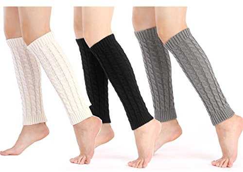 Lassuzie 3 Paare Stulpen Damen Winter Beinwärmer, Stricken Beinstulpen Leg Warmers Socken Stricken Legwarmers Frauen Mädchen für Winterwärmer（Schwarz Weiß Grau）