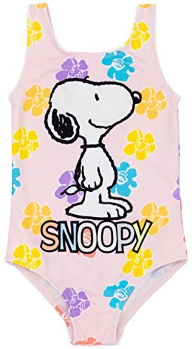 Peanuts Snoopy Swimsuit For Girls in Pink | All in One Floral Swimming Costume For Kids | Classic Cartoon Dog & Multicoloured Flower Graphic Beachwear | Swimwear Bodysuit Merchandise Gift for Children