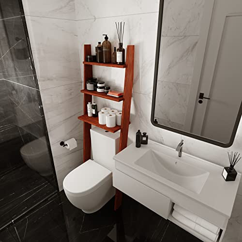 GENESIS WOODESIGN Over The Toilet Bathroom Organizer Shelves, 3-Tier Freestanding Above Toilet Storage Ladder Shelf, Standing Space Saver Behind Toilet Small Bathroom Organizer (Chestnut)