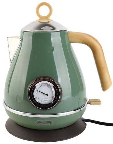 Elektrischer Wasserkocher, 1.7 L Retro Lack Bakelit Elektrischer Teekessel mit 360 Grad drehbarem Sockel, Abschaltautomatik & Trockengehschutz, 1850W Schnellkochend, Temperaturanze (Grün)