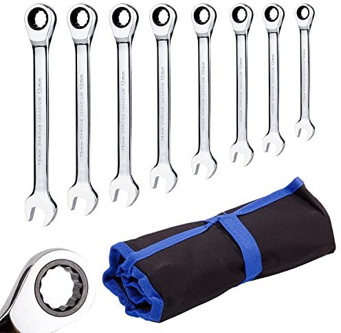 Qnkaa Ratchet Wrench Set Metric Spanner Kit 8 PCS 9-17mm, Roll Bag Packed, Perfect for Home, Bike, and Car Repair