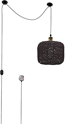 Modern Hand Woven Bamboo Plug in Cord Pendant Lighting for Kitchen Island, E27 Edison 2m Cable with Dimmer Switch, Ceiling Hanging Rattan Basket Wicker Lamp Task Light Living Room Fixture