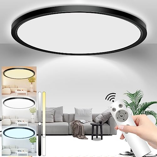 Fwiull LED Deckenleuchte Flach 24W Dimmbar, 3200lm Led Deckenlampe mit Fernbedienung, 3000-6500K Ultra Dünn Wasserfest Decke Lampe für Wohnzimmer Küche Schlafzimmer Badezimmer, Schwarz Ø29.5cm