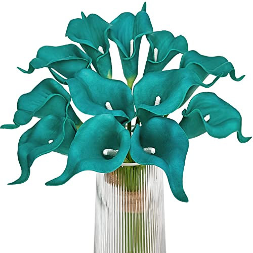 Letjolt Flores Artificiales de Lirio de Cala Verde Azulado para Ramo de Boda, Flores Azules Klein, 12 Unidades, decoración del hogar, Flor de Lirio de Cala sintética, Color Azul Azulado