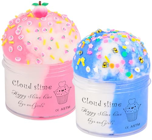 2 Pack Cloud Slime Kit with Blue Cute Charm and Pink Peach Charm, Scented DIY Slime Supplies for Girls and Boys, Stress Relief Toy for Kids Education, Party Favor, Gift and Birthday