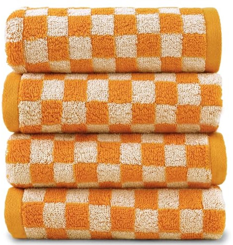 Jacquotha Weiche Handtücher, 4 Stück, orange kariert, Gesichtshandtuch-Set für Badezimmer, Küche, Herbst, dekoratives Handtuch, 33 x 73 cm