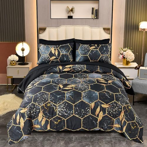 Freyamy 3D Marmor Bettwäsche 135x200cm 4teilig Schwarz Gold Geometrische Marmormuster Luxus Bettwäsche 100% Mikrofaser Bettbezug 2 Bettdeckenbezüge mit Reißverschluss und 2 Kissenbezug 80x80cm