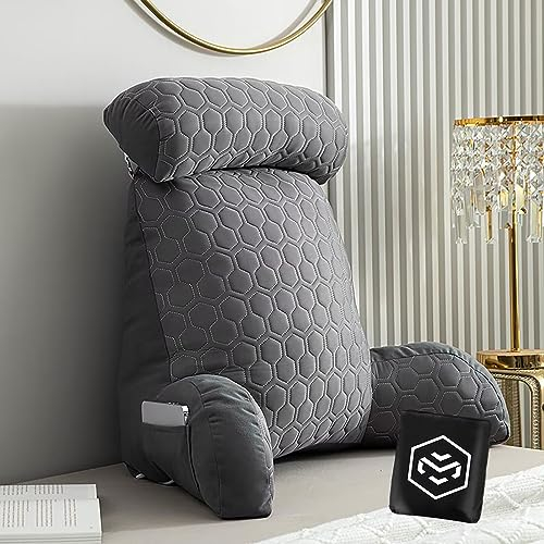 Rückenkissen mit Armlehnen und Nackenstütze Lesekissen | Lesekissen für Bett und Sofa | Stützkissen | Bett Rückenlehne Lesekissen mit Tasche | Waschbarer Bezug | Ideal als Rückenstütze zum Lesen