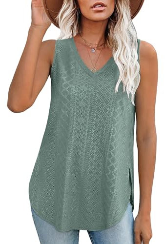 Aokosor Womens Tops for Women Summer Tops Ladies V Neck Sleeveless Casual Side Splits Tank Green Size 6-8 S