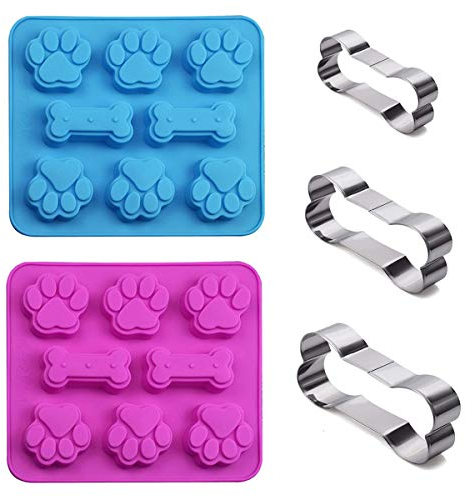 Set of 5, 2 Packs Silicone Molds Puppy Dog Paw & Bone Shaped 2 in 1 and 3 Packs Stainless Steel Bone Cookie Cutter,for Homemade Treats and Cat Animal Paw Ice Candy Chocolate Baking Mold (Blue&Pink)