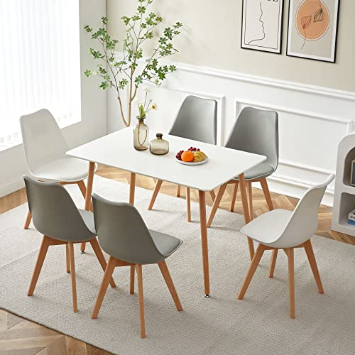 LafeuR Esszimmergruppe Esstisch mit 6 Stühlen, Essgruppen für 6 Personen, 6er Set Esszimmerstühle mit Tisch für Wohnzimmer Küche Büro(Weiß Tisch + 4 Grau & 2 Weiß Stühle)