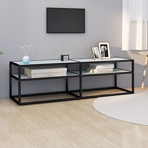 CKioict Meuble TV DVD - Meuble TV - Blanc - Aspect marbre - 140 x 40 x 40,5 cm - Verre trempé - Pour salon, salle de jeux